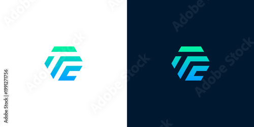 Abstract geometric hexagonal logo design featuring a modern gradient of blue and green. Perfect for technology, digital businesses, or corporate branding seeking an innovative visual identity
