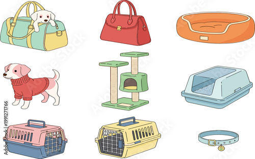 Pet Care Accessory Set with Dog Carrier Bed Collar Litter Box Handbag and Cat Tree Collection