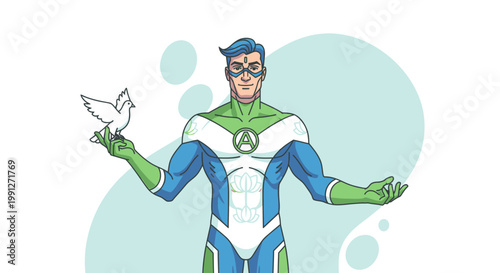 Superhero character holding a peace dove in a heroic pose.