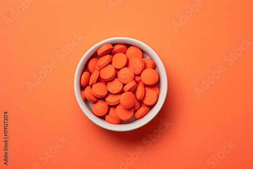 Top view of orange pills in a small white bowl on orange background, pharmaceutical medicine and supplement concept