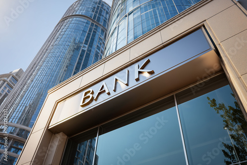 Low angle view of a modern bank building entrance with golden sign and glass facade in the city, finance and corporate concept