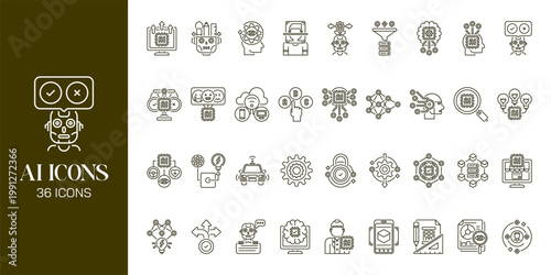 Artificial Intelligence Icon Set with AI Brain, Machine Learning, Robot, Data Network and Futuristic Technology Vector Collection