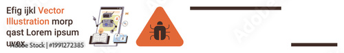 Cybersecurity, data protection, malware attack, virus warning, online safety, technology risks. A warning sign with a bug symbol next to a digital device illustration. Cybersecurity and data