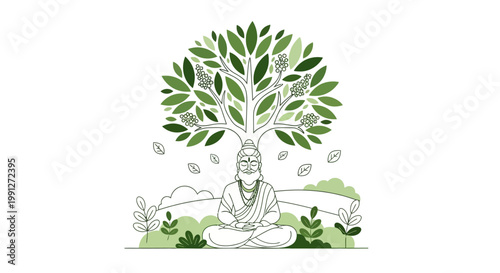 Meditating Sage Sitting Under A Large Tree Illustration.