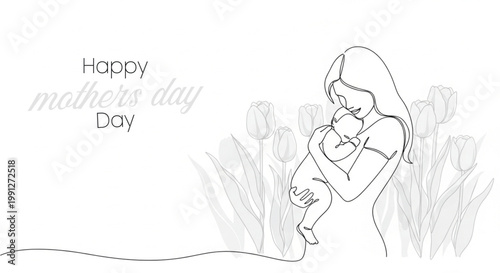 Mother's day line art a tender moment with flowers and text