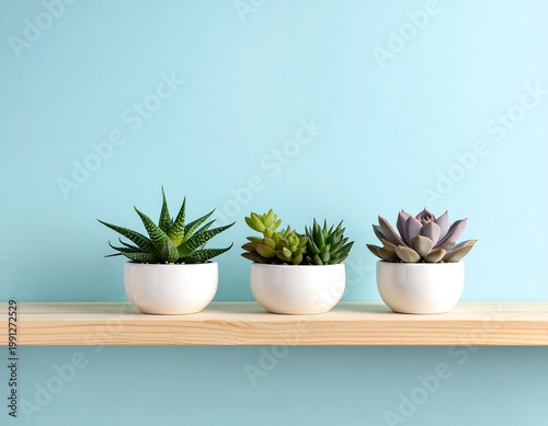 Three small potted plants on shelf.
