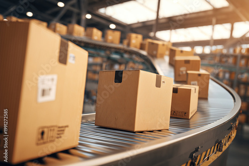 Cardboard boxes on conveyor belt in a large distribution warehouse, logistics and automated e-commerce delivery concept