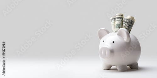 White piggy bank with rolled dollar bills on grey background with copy space, concept of financial savings and wealth management
