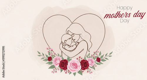 Happy mother's day illustration with mother and child embrace