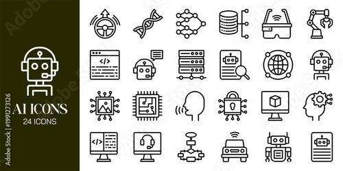 Artificial Intelligence Icon Set with AI Brain, Machine Learning, Robot, Data Network and Futuristic Technology Vector Collection
