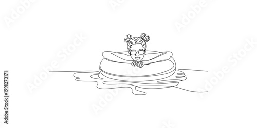 A woman wearing glasses is floating on an inflatable tube in water, depicted in a continuous line drawing style on a white background