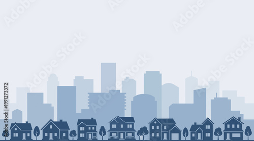 Minimalist Blue City and Suburban Houses Flat Vector Background