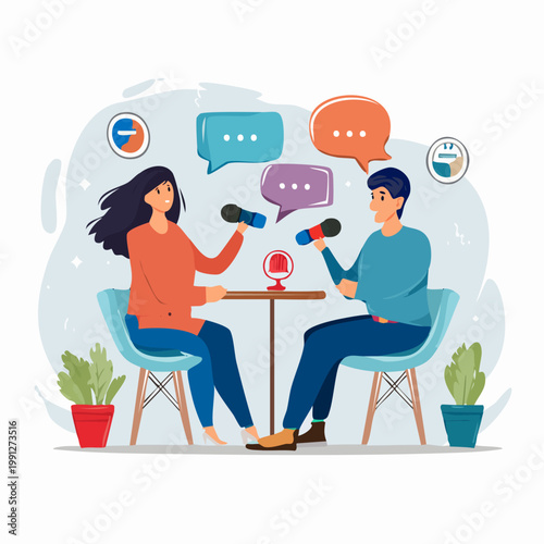 Two Stylized People Recording Podcast Interview With Microphones and Speech Bubbles