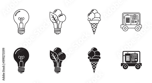 Vector illustration of light bulb, ice cream, and generator icons in black and white