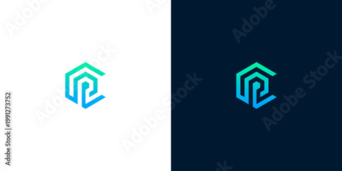 Modern abstract hexagonal logo design with blue and green gradients, symbolizing technology and innovation