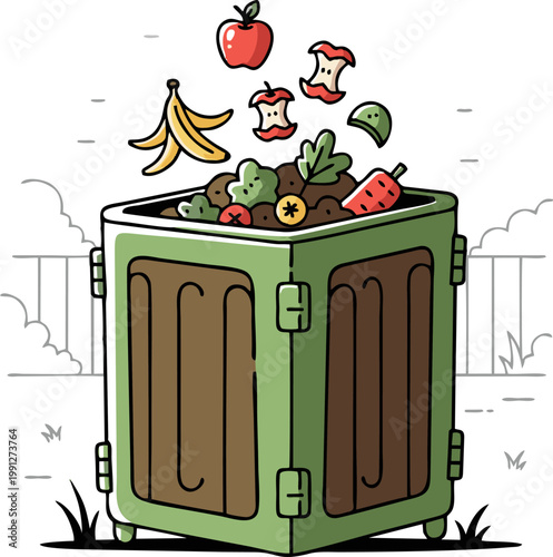 Compost Bin Illustration with Organic Food Waste for Eco Friendly Recycling