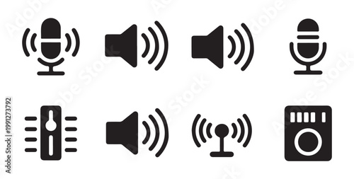 Audio control and sound equipment symbols featuring volume speakers and microphone elements.