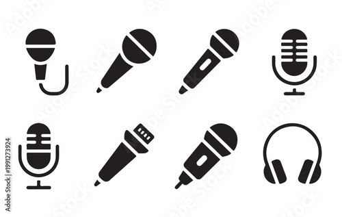Professional microphone and audio recording equipment icons for podcasting and music studio.