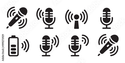 Radio frequency and wireless microphone icons for live broadcasting and portable recording.