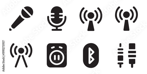 Foto Wireless communication and audio connection icons set for networking and data transmission
