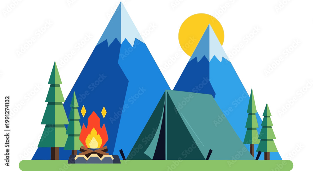 Fototapeta premium Camping Trip: Tent, Bonfire, Mountains, Sun, Pine Trees, Outdoor Adventure