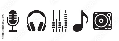 Music production equipment icons including turntable mixer and musical note for audio studio.