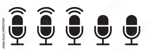 Microphone icons set, podcast broadcast sign, live stream symbol, sound recording symbol for app.