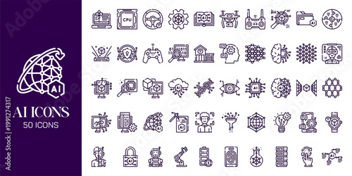 Artificial Intelligence Icon Set with AI Brain, Machine Learning, Robot, Data Network and Futuristic Technology Vector Collection