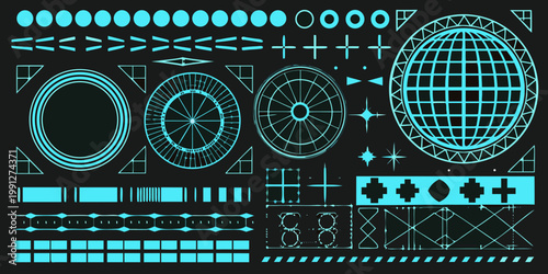 Abstract geometric shapes in bright cyan against a dark black background