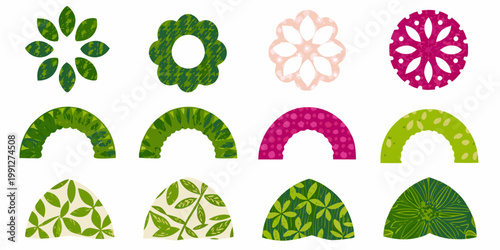 Collection of colorful patterned floral and leaf shaped design elements