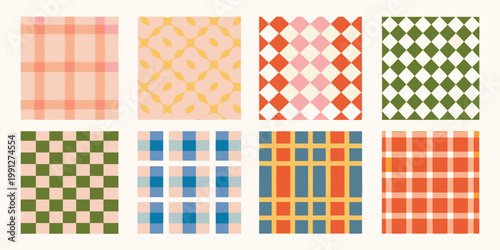 A collection of vibrant patterned squares with checkered and geometric designs
