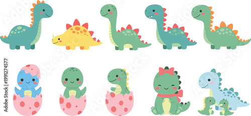 Cute baby dinosaur cartoon set with hatching eggs and kawaii dino characters vector illustration