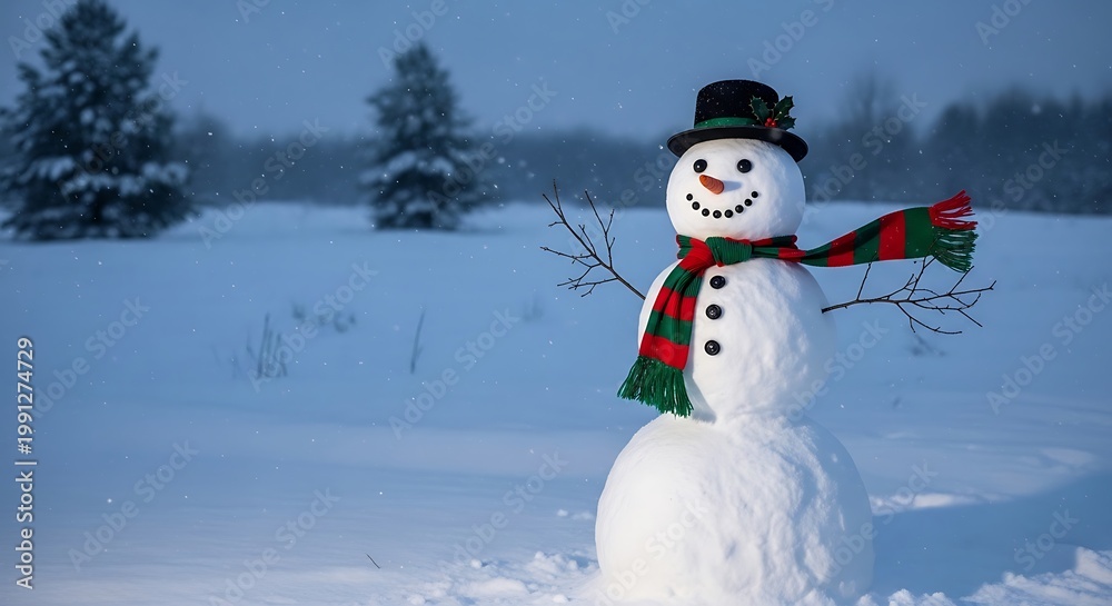 Fototapeta premium Snowman in winter landscape wearing hat and scarf with trees in background