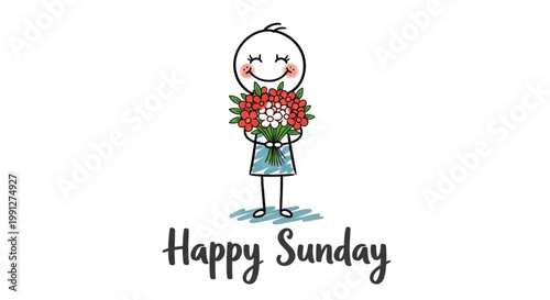 Joyful Stick Figure Holding Flowers for Happy Sunday Greeting Card, Social Media Post, Website Banner