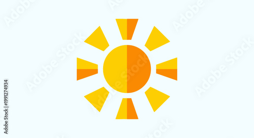 Flat design sun icon, bright yellow and orange, simple graphic symbol on light blue background