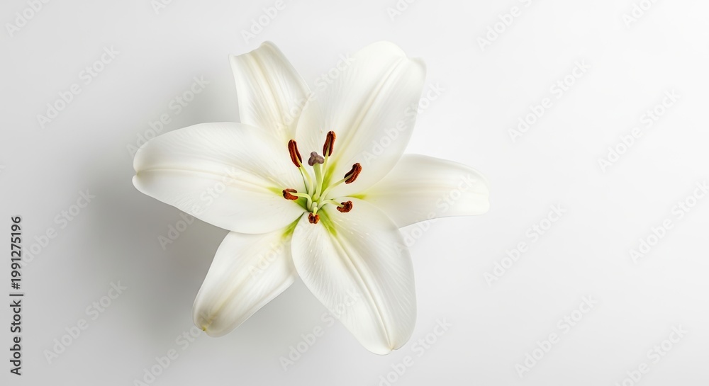 Fototapeta premium A pristine white lily with vibrant green leaves, blooming in a serene garden setting.