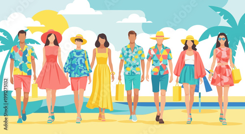 Group of diverse people in colorful summer fashion walking on a beach