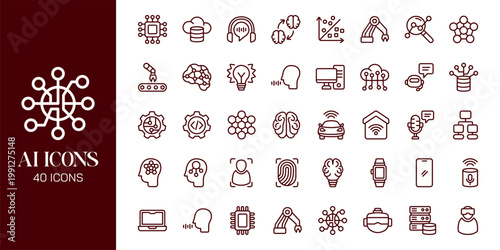 Artificial Intelligence Icon Set with AI Brain, Machine Learning, Robot, Data Network and Futuristic Technology Vector Collection