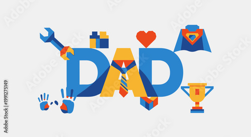 Happy Father's Day Dad Word Art with Icons: Love, Tools, Trophy, Superhero