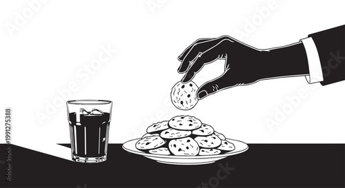 Vector illustration of a hand picking a chocolate chip cookie from a plate with a glass of soda, snack time graphic design element