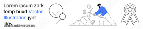 Success, growth, achievement, hard work, determination, business goals. Minimalist style businessman breaking rocks for coins. Achievement and success theme illustrated with award icon and tree