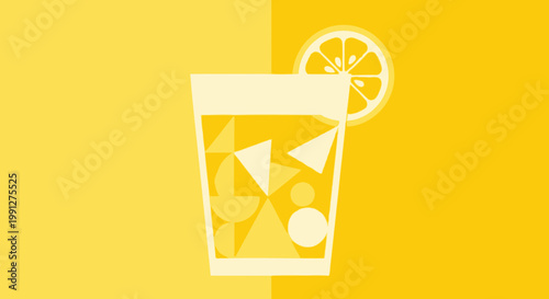 Refreshing Citrus Drink with Ice Cubes and Lemon Slice, Geometric Abstract Design