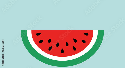 Ripe watermelon slice with seeds, vibrant red and green, on light blue background