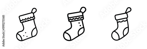 Christmas stocking line icons set holiday gift sock winter fireplace decoration xmas hanging footwear festive wool boot & more vector illustration with editable stroke.