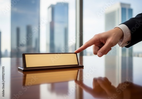 Businessman Hand Pointing At Blank Gold Nameplate On Desk In Corporate Office Interior Background