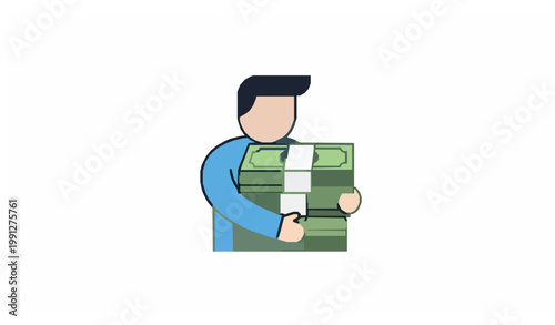 Minimal man hugging money stack icon flat vector illustration financial success concept
