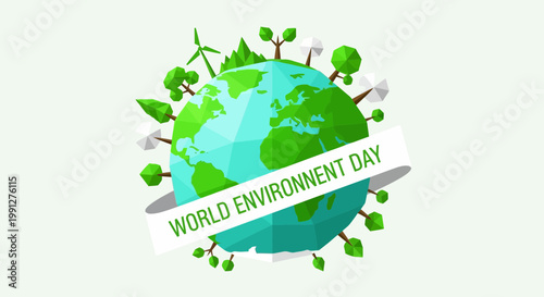 World Environment Day Globe with Trees, Wind Turbine, and Nature Elements