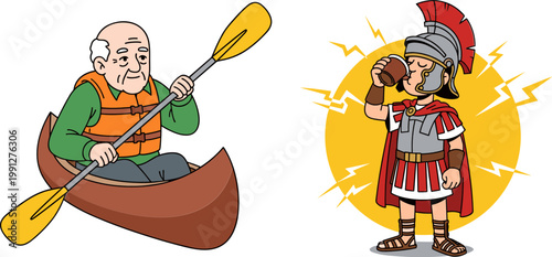 Senior Man Canoeing and Roman Soldier Character Set with Historical and Adventure Cartoon Illustrations