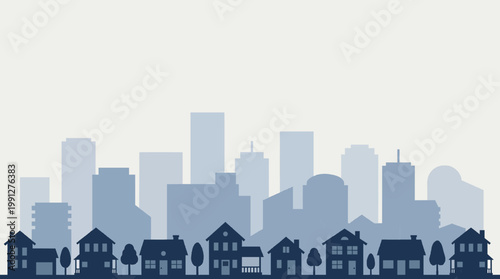 Minimal Blue Urban Neighborhood Skyline Flat Vector Illustration