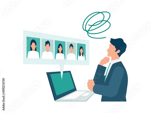 Professional businessman analyzing CRM data for customer strategy, struggling with complex digital information and AI insights, business problem solving and office workflow management